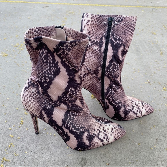 Snake Print Pointed Toe High Heel Zipper Midi Boots - Picture 4 of 8